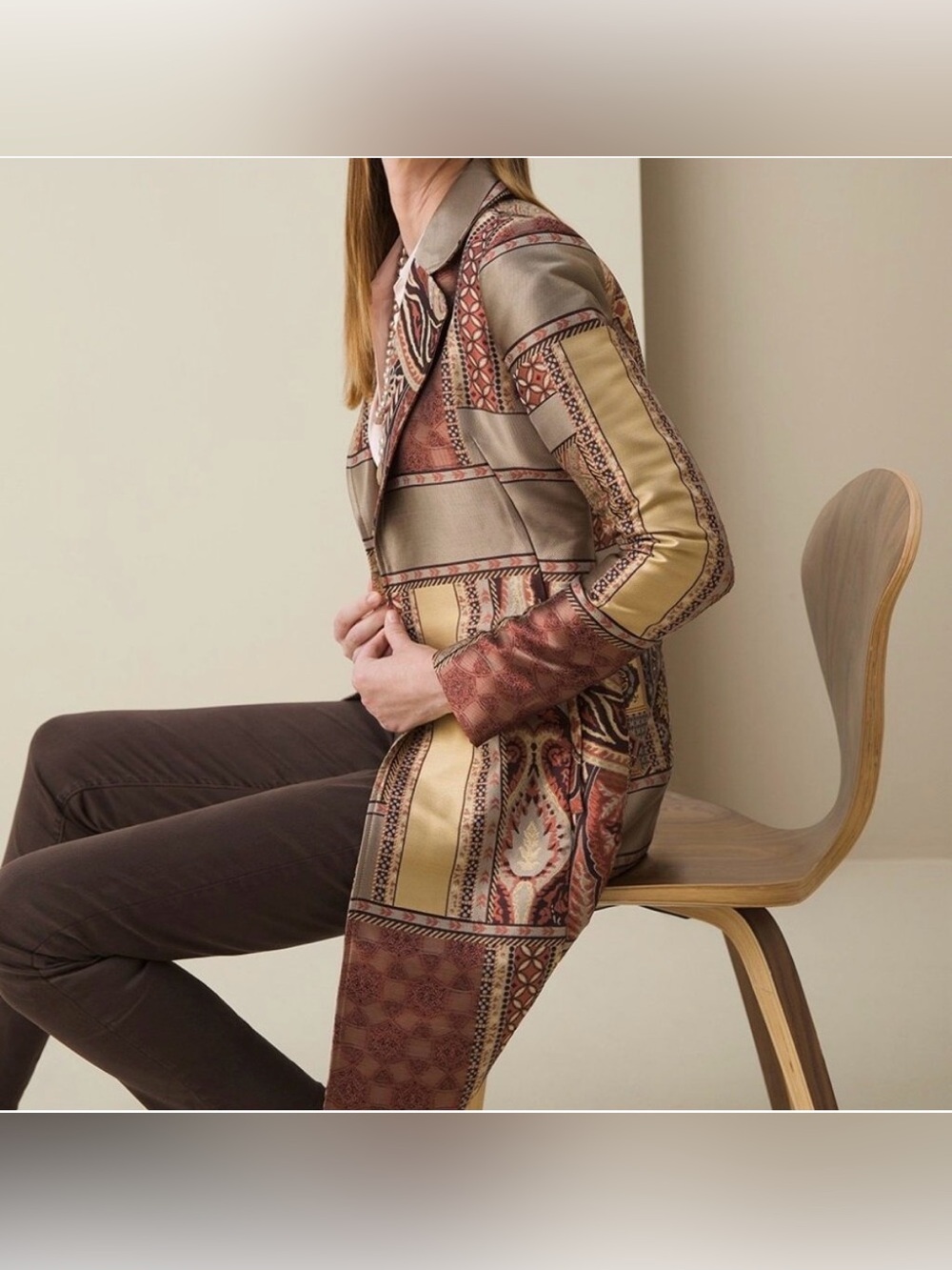 Chico's Patterned Long Blazer in Gold and Brown Tones